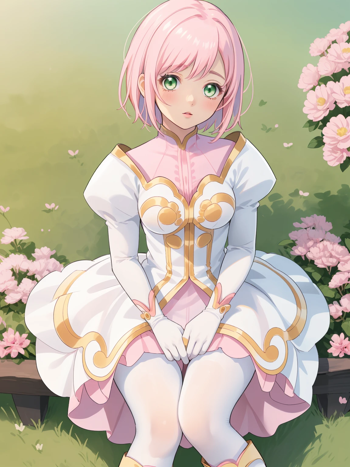 masterpiece, Highest quality, alone, One Girl,Estellise Sidos Heurassein, Pink Hair, short hair, Green Eyes, Small breasts, White and pink dress, Glamorous Dress, Pink collar, Pink Skirt, White boots, White gloves, (Black Pantyhose, Black legwear:1.1)whole body, Little:5, cute, (Beautifully detailed face), (Beautiful attention to detail), (Beautiful detailed hair)