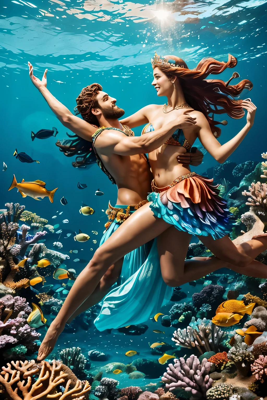 A romantic depiction of Poseidon with his queen, Amphitrite, dancing under the sea, surrounded by colorful fish and vibrant coral reefs. Remove the hair in the covered part