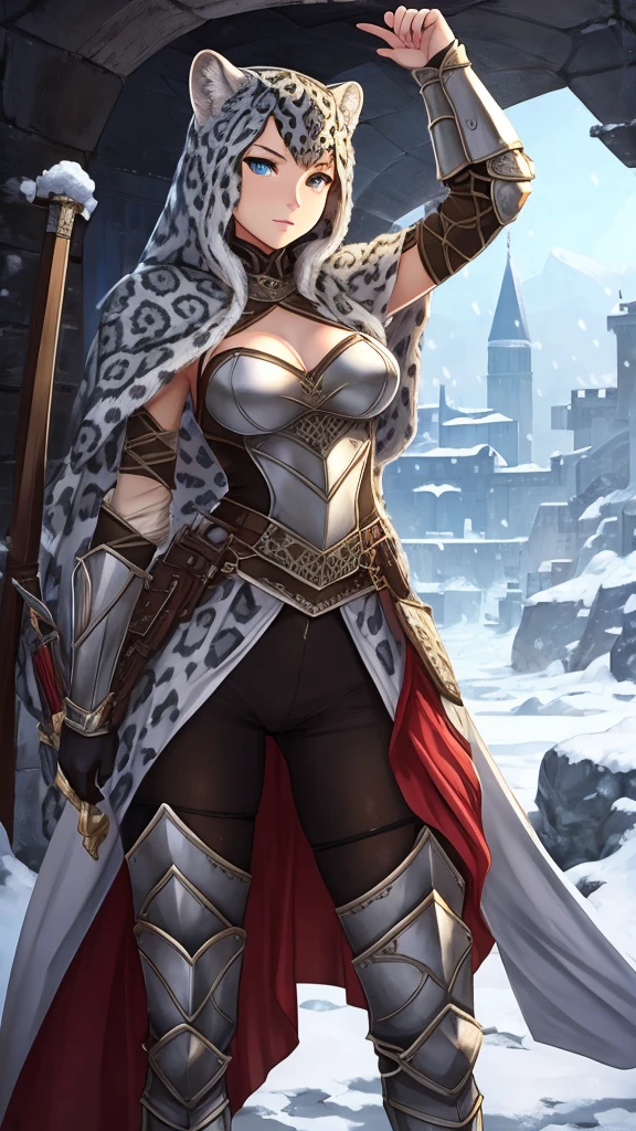 Snow leopard girl, in sexy armor, assassin, Medium breasts