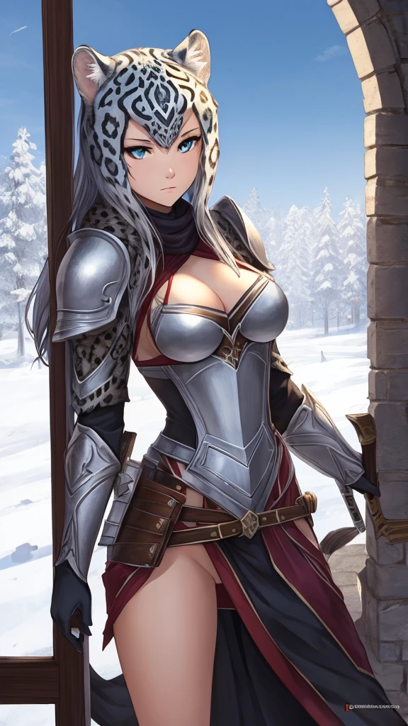 Snow leopard girl, in sexy armor, assassin, Medium breasts