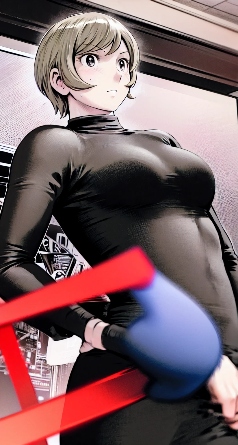 、(masterpiece、Highest quality)、Highest quality, Ultra-high resolution, (((masterpiece))), alone, Sweat、Big eyes,office、Tight white dress shirt、Tight black suit、Tight black pants、indoor、Composition from the front、(Cut the back hair short、short hair、blonde、woman)、Shortcuts、Embarrassed face、Cut your hair short、可愛いwomanの子、Big Breasts
