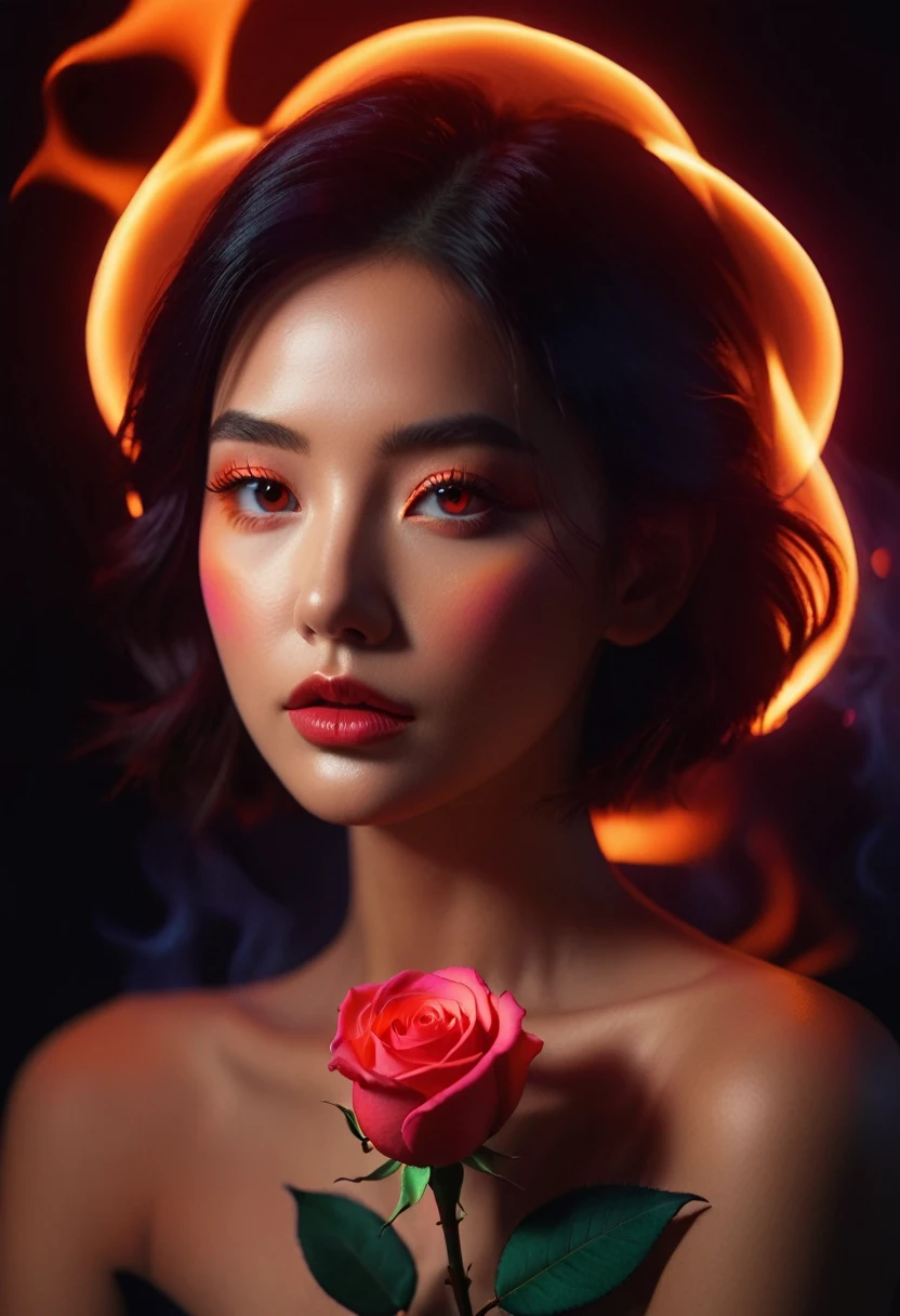 a woman with a neon rose on fire, flawless skin, whimsical photography style, photo captured by an Arriflex 35BL camera using Canon K25 prime lenses, cinematic, dramatic lighting, ultra clear, breathtaking surreal masterpiece. sensual pose