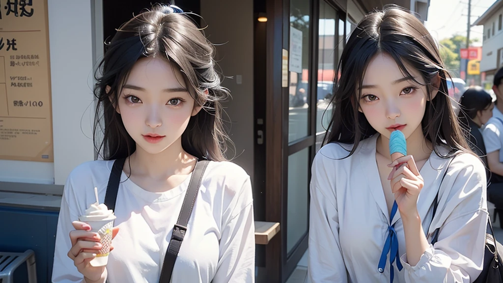 There is a girl eating something with a blue stick, sakimichan, Realistic young gravure idol, Eating ice cream, mayuri shiina, Sky blue straight hair, pretty girl, Real life anime girls, Eating ice cream, Yoshitomo Nara, shikamimi, Beldelfinn