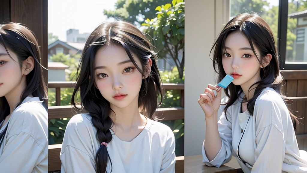 There is a girl eating something with a blue stick, sakimichan, Realistic young gravure idol, Eating ice cream, mayuri shiina, Sky blue straight hair, pretty girl, Real life anime girls, Eating ice cream, Yoshitomo Nara, shikamimi, Beldelfinn