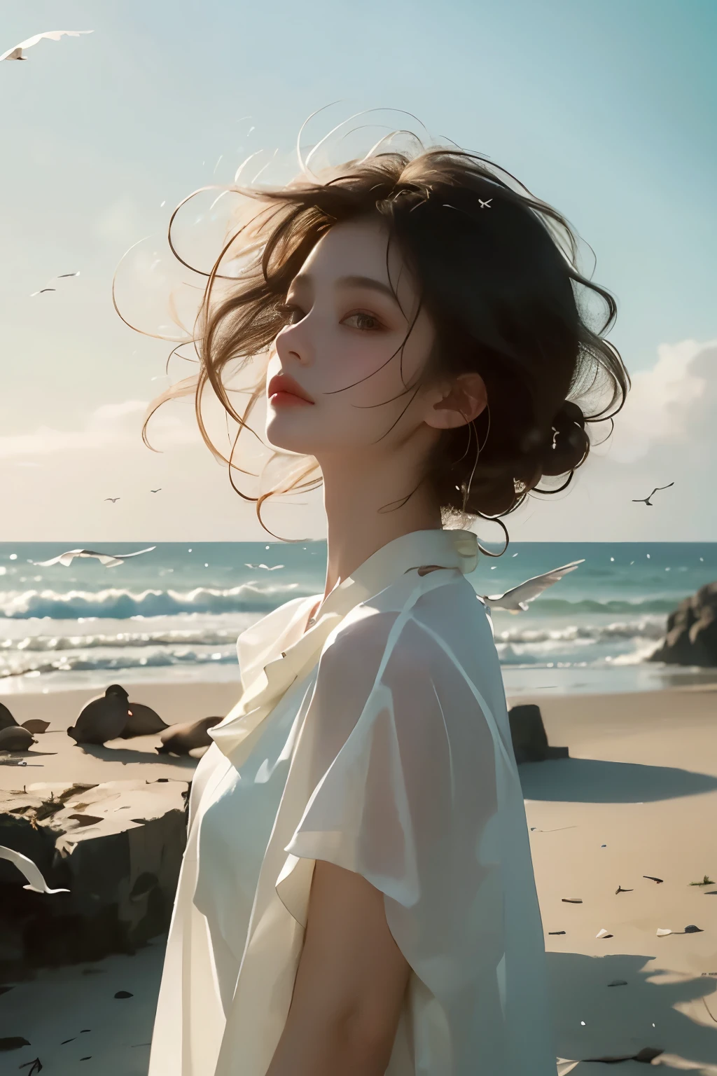 A girl with black curly hair stands on the seashore，Looking into the distance eyes，Sad expression，Surrounded by seabirds