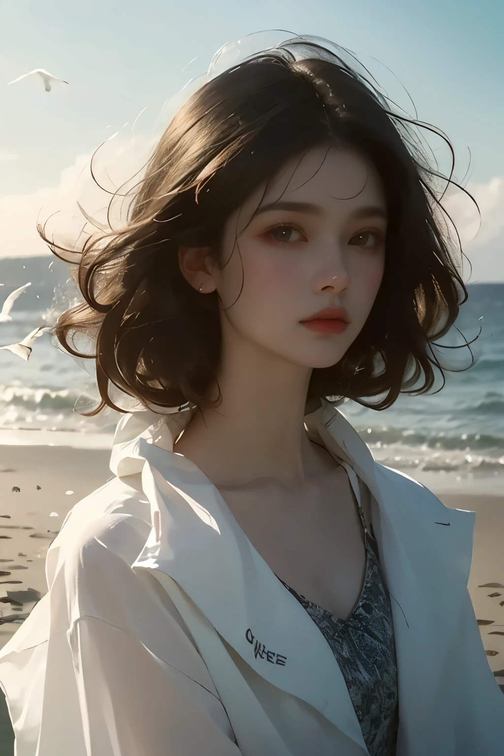 A girl with black curly hair stands on the seashore，Looking into the distance eyes，Sad expression，Surrounded by seabirds