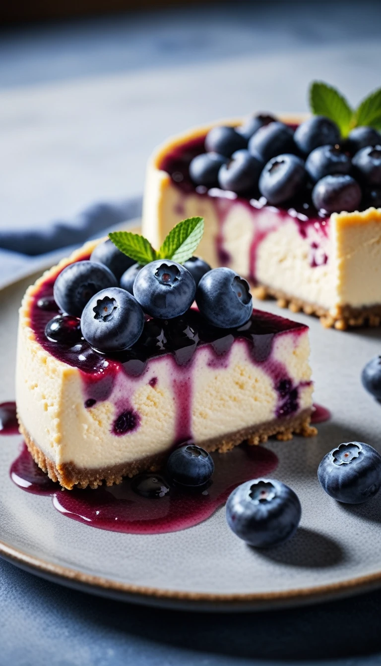 Documentary RAW Photography,a Blueberry Cheesecake, highlighting its exquisite, lacy texture and impeccable balance. The composition should evoke an irresistible urge to taste, with every detail crafted to inspire both amateur and seasoned cooks, (sharpness in detail:1.1), masterpiece, 35mm photograph, (iconic photograph:1.4), (visual storytelling:1.2), film grain, award winning photography,vibrant use of light and shadow, high quality textures of materials, volumetric textures perfect composition, dynamic play of light, rich colors, epic shot, perfectly quality, natural textures,high detail, photoshadow, (natural colors, correct white balance, color correction, dehaze),(intricate detailed), 8k