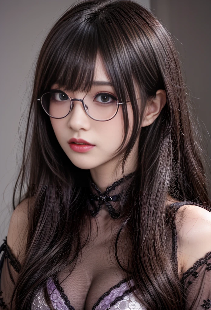 background(黒いnight空,Big Moon),Close-up of a woman,Wearing a white shirt、((Black-rimmed glasses))、Purple Hair,Very long hair,very thick braids,Purple eyes,big , realistic girl rendering, 8k artistic german bokeh, Enchanting girl, Real Girls, Gurwitz, Gurwitz-style artwork, Girl Roleplay, Realistic 3D style, cgstation Popular Topics,, 8K Portrait Rendering,(truth,truth:1.4),巨big ,Sparkling eyes,Purple eyes、Captivating beauty、Attractive adult woman、Beautiful woman、Cool girl、evil female、brainwashingされた、brainwashing、Fallen into evil、Grin、邪evilな表現、邪evilな笑顔、evil、Brown Hair、Wavy Hair、Swept-apart bangs、Heavy makeup、Heavy makeup、Sharp Eye、Hollow Eyes,Half-closed eyes、Hollow Eyes、purple eye shadow、Black lipstick、Black lip gloss、Long black cheongsam、Wide sleeves、night、Spooky Fortress Scenery Brush、Compensate、Are standing、