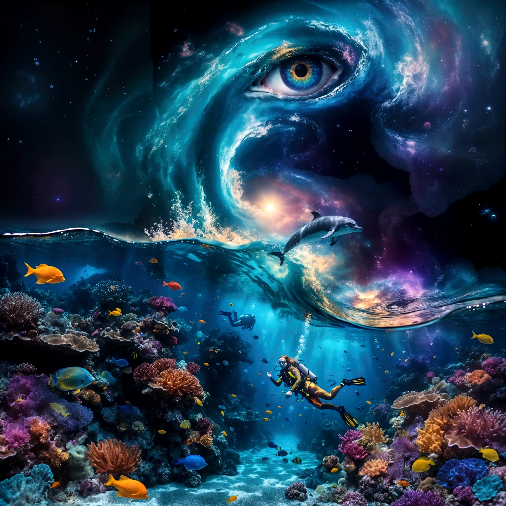 A huge luminescent barrier reef with glowing fishes and jellyfishes. floating bioluminescent orbs that drift lazily through the water, casting a soft glow.(( A woman goes scuba diving , wearing a detailed whimsical outfit . The bodice has fish scale patterns in layers)). Add subtle, translucent silhouettes of mythical sea creatures in the background, barely visible but adding to the mystical feel. A dolphin jumping out of a wave, illuminated by moonlight filtering through the water. A sky dominated by a massive cosmic eye, surrounded by swirling galactic patterns and luminous stars. Spiraling waves that seamlessly blend into the cosmic sky. a gentle, otherworldly melody that seems to resonate from the cosmic eye, creating an auditory illusion in the viewer's mind.. Envelop the entire scene in a soft, shimmering haze that adds to the ethereal quality. Atmosphere: Evoke a mystical and dreamlike atmosphere, blurring the boundaries between reality and imagination. A peaceful atmosphere. Use lines and patterns to naturally direct the viewer’s attention upwards. Envelop the entire scene in a soft, shimmering haze that adds to the ethereal quality. Atmosphere: Evoke a mystical and dreamlike atmosphere, blurring the boundaries between reality and imagination. Create a sense of depth and dimension with sharp details in the foreground and midground, and a slightly softer focus on the cosmic elements in the background. A peaceful atmosphere, absolutely astonishing and beautiful landscape with very saturated colors, glowing. Four-dimensional, the best quality, photoréaliste, éclairage cinématographique,