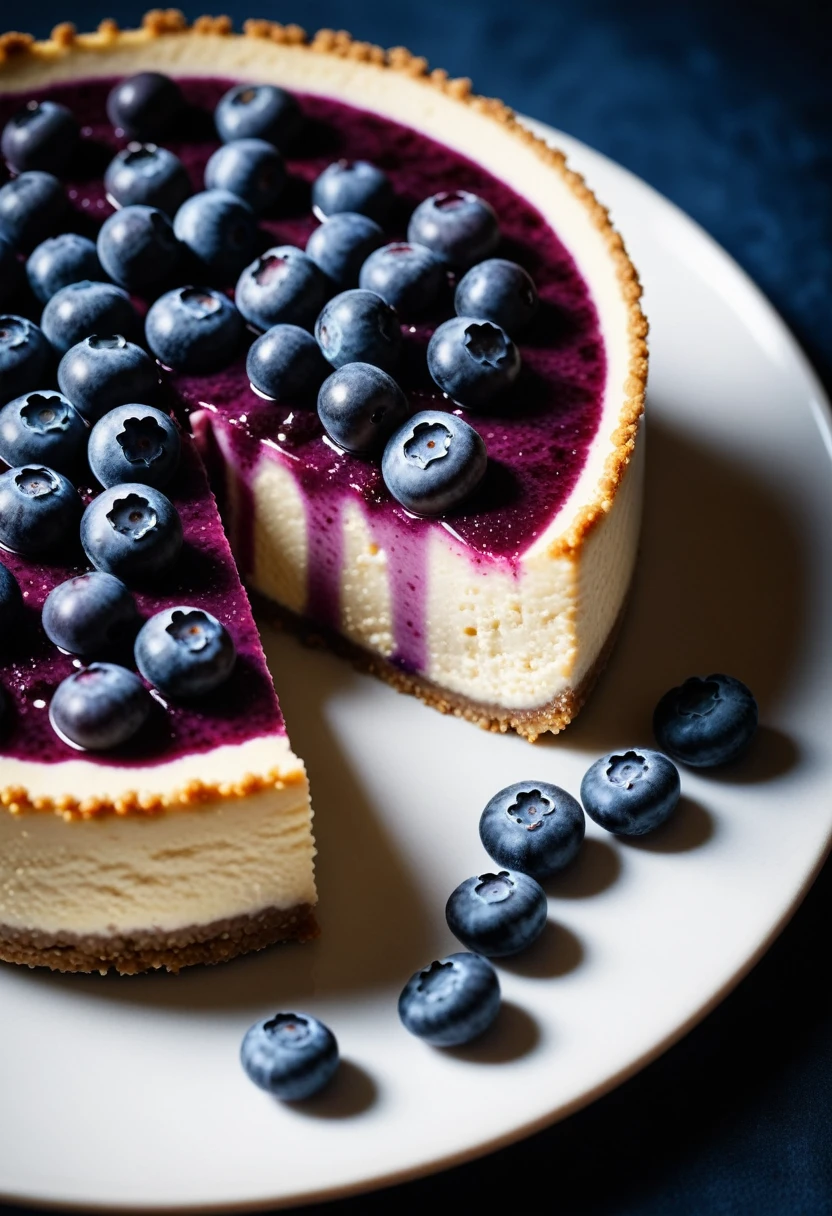 Documentary RAW Photography,a Blueberry Cheesecake, highlighting its exquisite, lacy texture and impeccable balance. The composition should evoke an irresistible urge to taste, with every detail crafted to inspire both amateur and seasoned cooks, (sharpness in detail:1.1), masterpiece, 35mm photograph, (iconic photograph:1.4), (visual storytelling:1.2), film grain, award winning photography,vibrant use of light and shadow, high quality textures of materials, volumetric textures perfect composition, dynamic play of light, rich colors, epic shot, perfectly quality, natural textures,high detail, photoshadow, (natural colors, correct white balance, color correction, dehaze),(intricate detailed), 8k