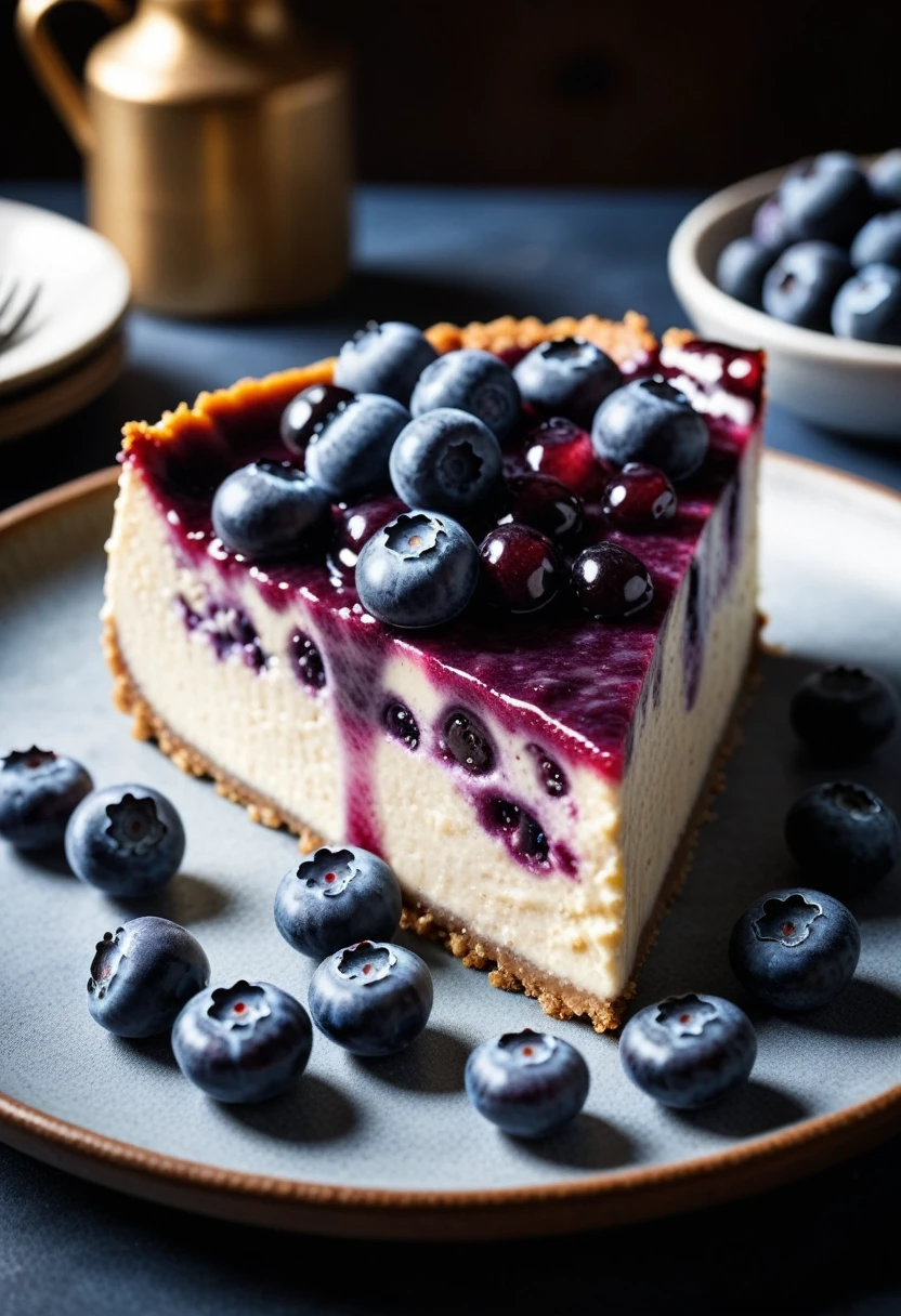 Documentary RAW Photography,a Blueberry Cheesecake, highlighting its exquisite, lacy texture and impeccable balance. The composition should evoke an irresistible urge to taste, with every detail crafted to inspire both amateur and seasoned cooks, (sharpness in detail:1.1), masterpiece, 35mm photograph, (iconic photograph:1.4), (visual storytelling:1.2), film grain, award winning photography,vibrant use of light and shadow, high quality textures of materials, volumetric textures perfect composition, dynamic play of light, rich colors, epic shot, perfectly quality, natural textures,high detail, photoshadow, (natural colors, correct white balance, color correction, dehaze),(intricate detailed), 8k