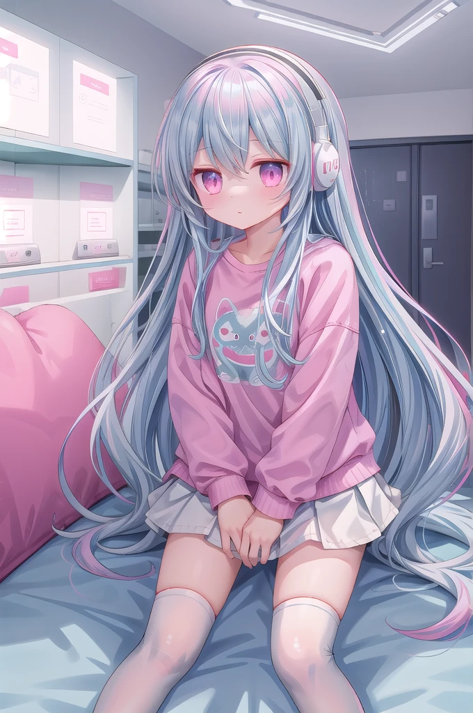 ，White knee socks，Long light blue hair，Pink and white sweatshirt，pink eyes，Blue headphones