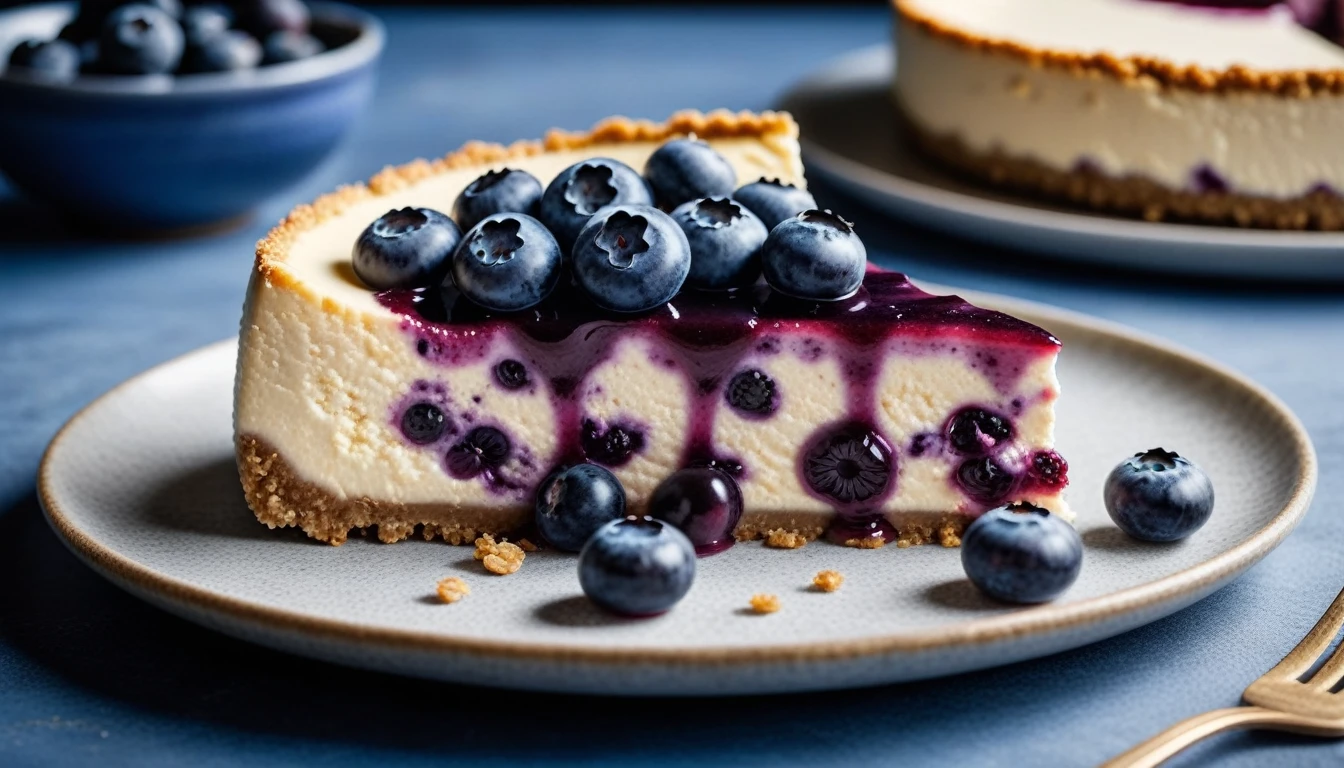 Documentary RAW Photography,a Blueberry Cheesecake, highlighting its exquisite, lacy texture and impeccable balance. The composition should evoke an irresistible urge to taste, with every detail crafted to inspire both amateur and seasoned cooks, (sharpness in detail:1.1), masterpiece, 35mm photograph, (iconic photograph:1.4), (visual storytelling:1.2), film grain, award winning photography,vibrant use of light and shadow, high quality textures of materials, volumetric textures perfect composition, dynamic play of light, rich colors, epic shot, perfectly quality, natural textures,high detail, photoshadow, (natural colors, correct white balance, color correction, dehaze),(intricate detailed), 8k
