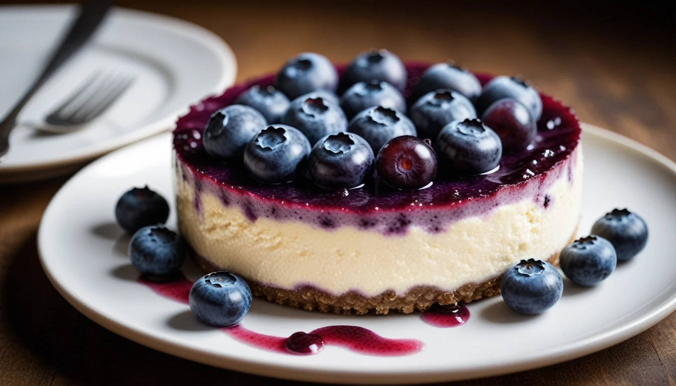 Documentary RAW Photography,a Blueberry Cheesecake, highlighting its exquisite, lacy texture and impeccable balance. The composition should evoke an irresistible urge to taste, with every detail crafted to inspire both amateur and seasoned cooks, (sharpness in detail:1.1), masterpiece, 35mm photograph, (iconic photograph:1.4), (visual storytelling:1.2), film grain, award winning photography,vibrant use of light and shadow, high quality textures of materials, volumetric textures  perfect composition, dynamic play of light, rich colors, epic shot, perfectly quality, natural textures,high detail, photoshadow, (natural colors, correct white balance, color correction, dehaze),(intricate detailed), 8k