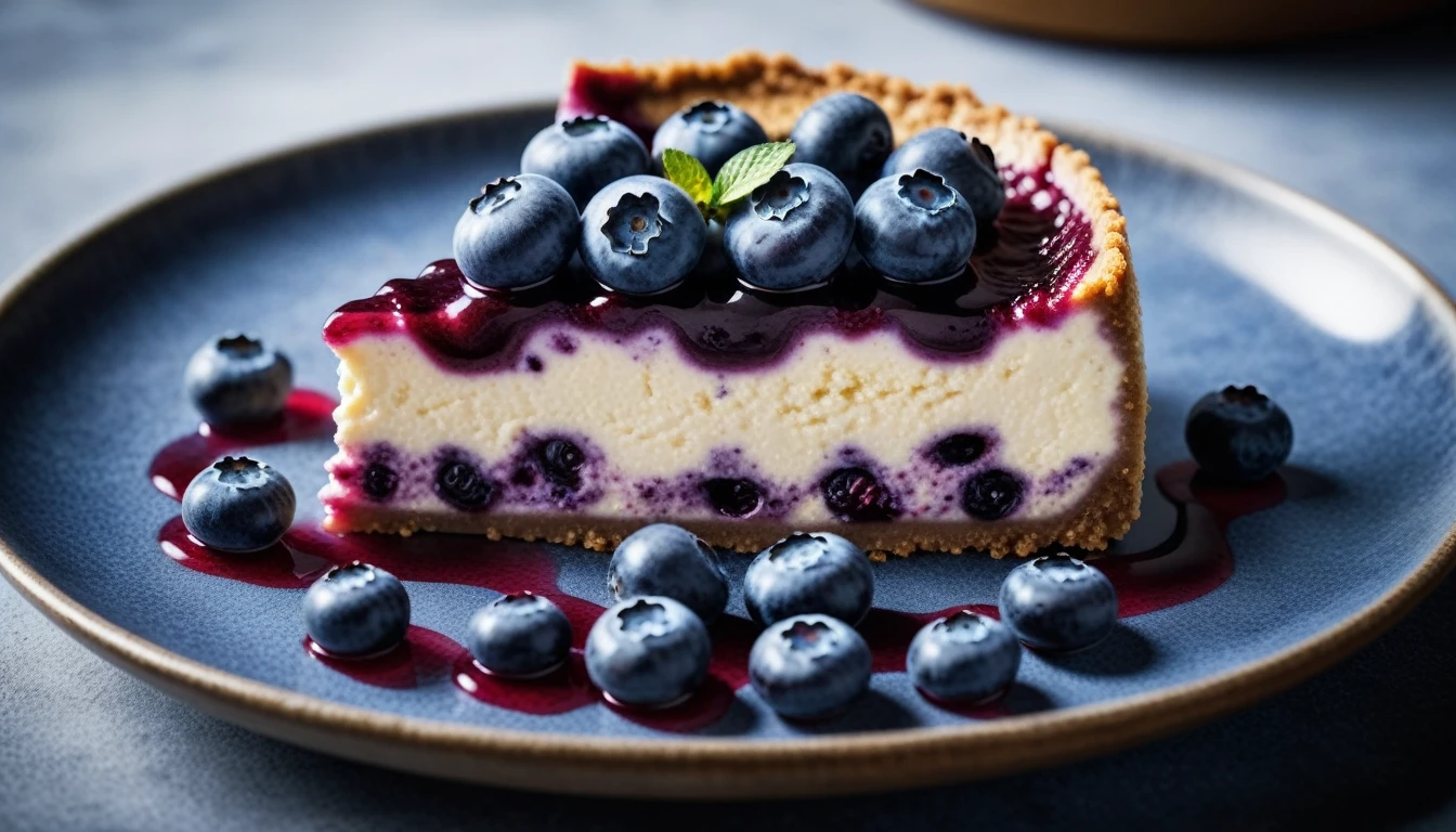 Documentary RAW Photography,a Blueberry Cheesecake, highlighting its exquisite, lacy texture and impeccable balance. The composition should evoke an irresistible urge to taste, with every detail crafted to inspire both amateur and seasoned cooks, (sharpness in detail:1.1), masterpiece, 35mm photograph, (iconic photograph:1.4), (visual storytelling:1.2), film grain, award winning photography,vibrant use of light and shadow, high quality textures of materials, volumetric textures  perfect composition, dynamic play of light, rich colors, epic shot, perfectly quality, natural textures,high detail, photoshadow, (natural colors, correct white balance, color correction, dehaze),(intricate detailed), 8k