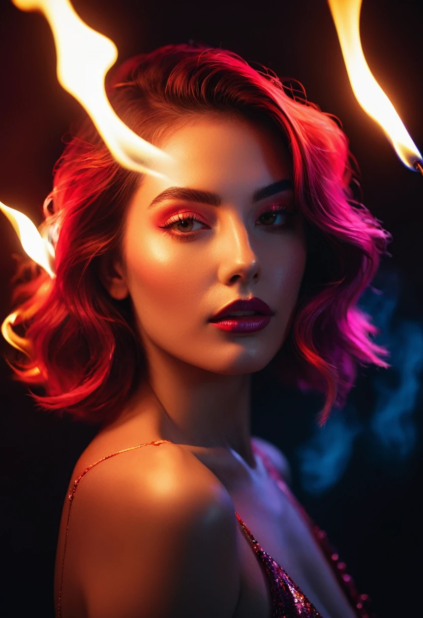 a woman with a neon rose on fire, flawless skin, whimsical photography style, photo captured by an Arriflex 35BL camera using Canon K25 prime lenses, cinematic, dramatic lighting, ultra clear, breathtaking surreal masterpiece. sensual pose
