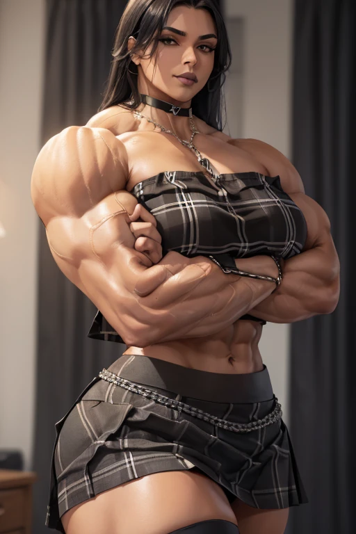 ((((Massive tall, beautiful, buff, light brown skinned muscular woman with black hair, black lipstick, ginormous bulky muscles, crossed arms and wearing a black plaid off shoulder cropped top and beautiful long pleated skirt)))), (close view), (massive muscles), long straight hair, ((chained belt)), gray eyes, choker, ((black plaid cropped top)), belt, ((beautiful long pleated skirt)), thigh high socks, black boots, (at a college dorm room), closed smile, night, massive muscles