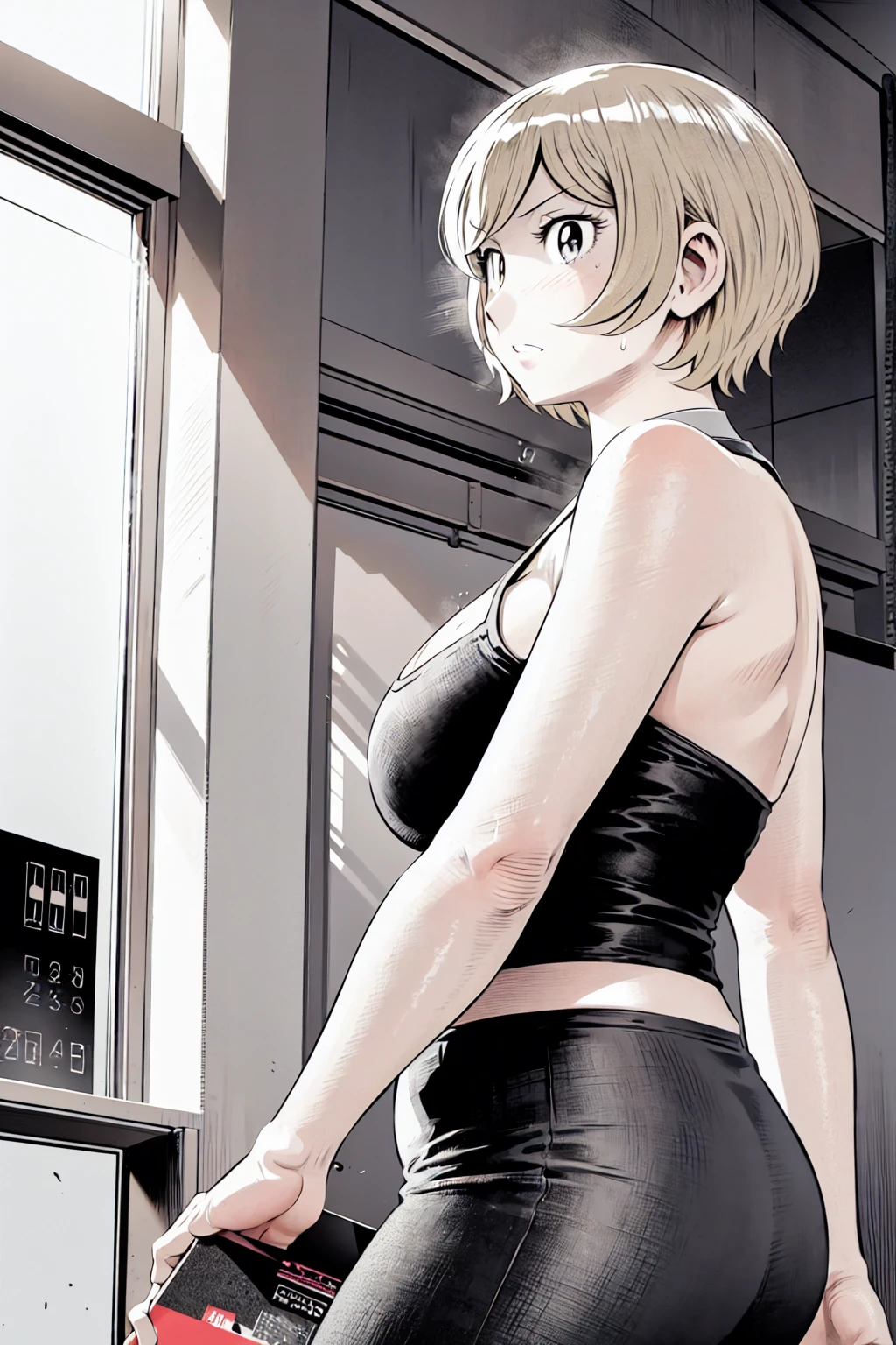 、(masterpiece、Highest quality)、Highest quality, Ultra-high resolution, (((masterpiece))), alone, Sweat、Big eyes,Tight black shirt、Tight white pants、belt、indoor、Composition from the front、(Cut the back hair short、short hair、blonde、woman)、Shortcuts、Embarrassed face、Cut your hair short、可愛いwomanの子、Big Breasts、office