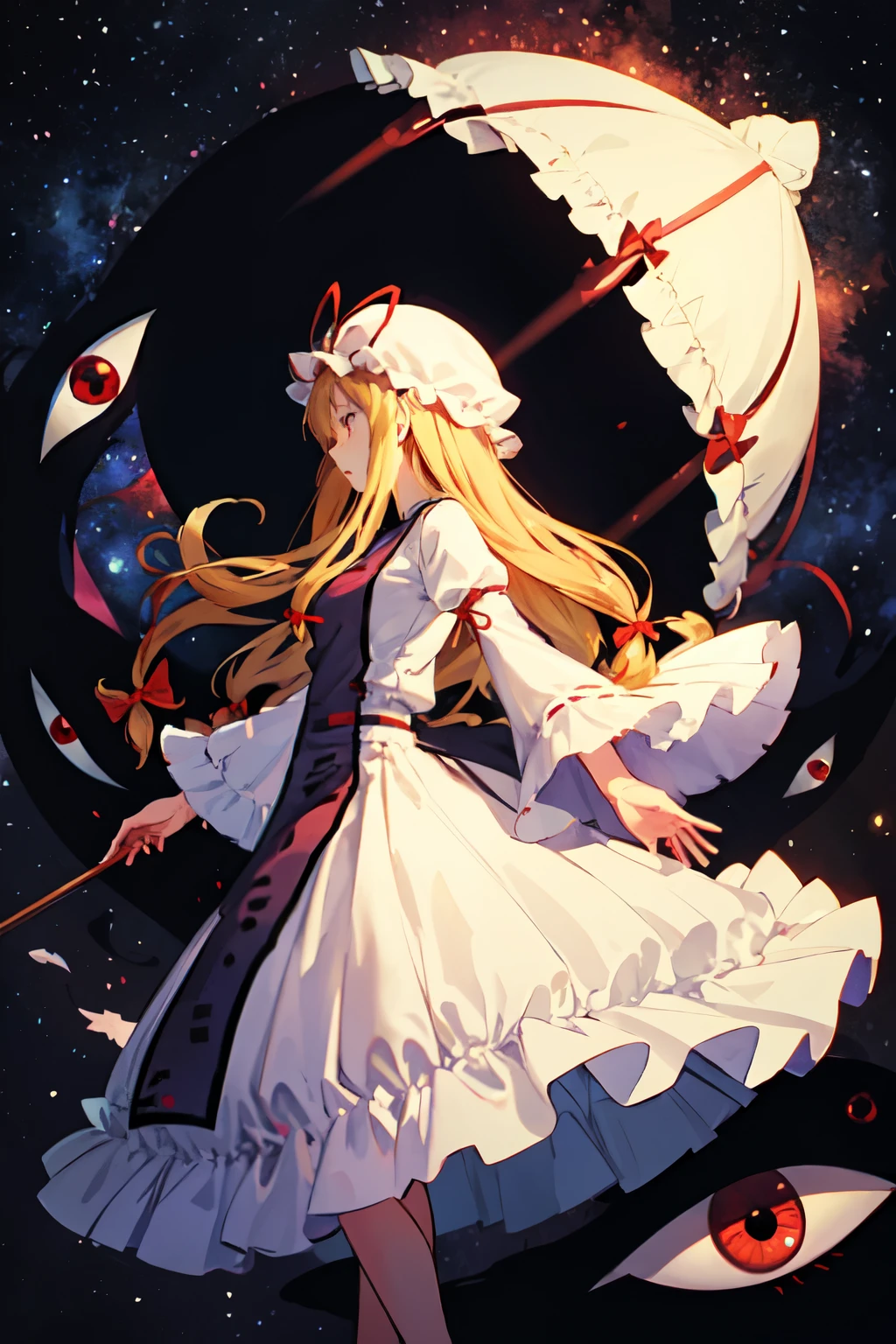 masterpiece, best quality, 1 Girl, Solitary, yakumo yukari tears up space and dimensions, Side View,Blonde hair, Long hair, , gap (touhou),  Battle shirt,  Long sleeve, skirt, , hair bow, , Puff sleeves, bow, Red eyes,   , Juliet Sleeves, white skirt, , ve