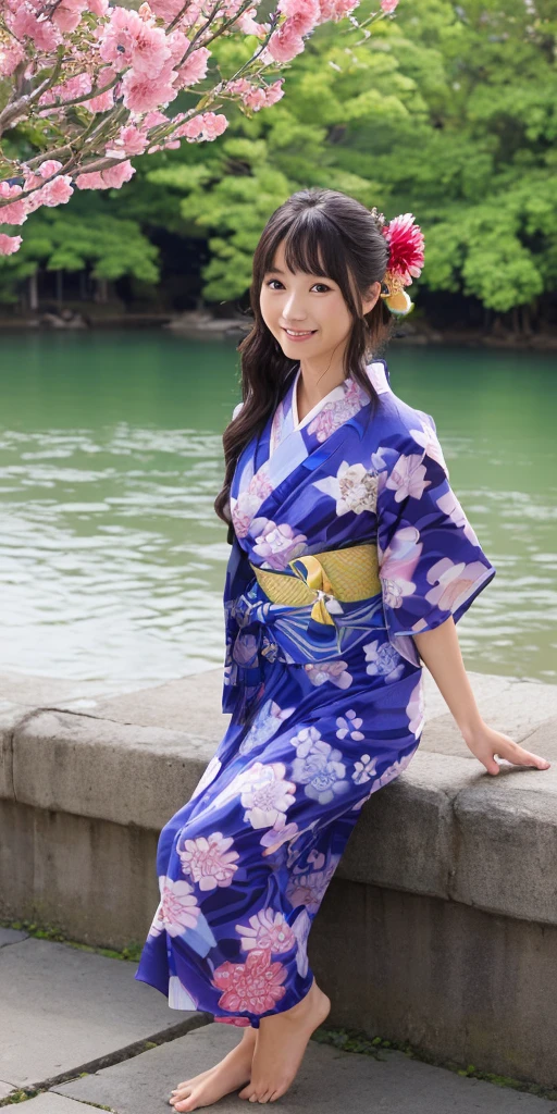 ((64k,Ultra-high resolution,Super best quality,masterpiece,Hyperrealistic,Young and adorable, beautiful, young, adorable,Full body photo,Full body angle,Whole Body Ezbian,Surreal,Very detailed:1.3,Ultra-realistic:3.0)),hair ornaments,Pink Hair,Blue Eyes,Gundam SEED Freedom heroine,Lacus Clyne,((Swimsuit,Yukata,Yukata,In a dress)),smile,Water Lake,There are lots of beautiful flowers blooming,