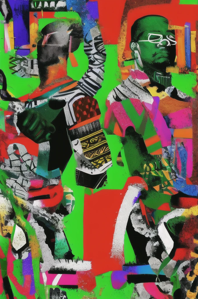 2 black guys,  Colorful simple background, english text,  chain, red & green background,