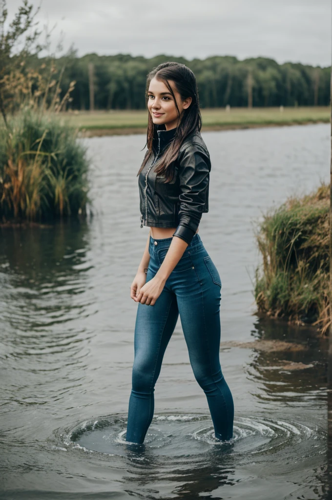 A girl in wet tights and wet jeans in the water, wet legs in clothes
