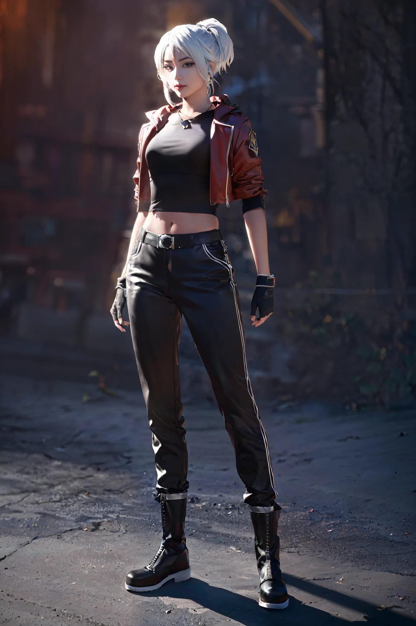 jett \(valorant\), anime, masterpiece, best quality, ultra detailed, Beautiful tall girl, frecles, pale skin, white hair, ponytail, bangs, fingerless gloves, official alternate costume, pants, full body, gloves, disheveled hair, leather boot, slim, (valorant)