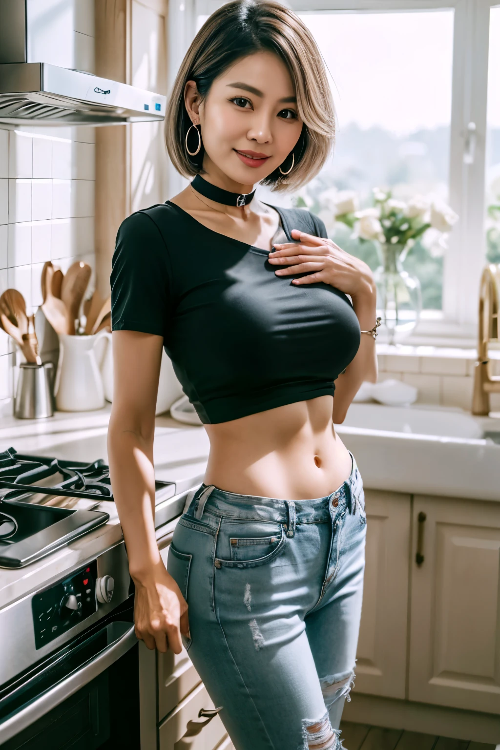 Black Shirt, Distressed jeans 88 years old mom milf Korean, Lady large earring Big choker navel piercing decoration A bracelet Silver Hair realisitic Gorgeous Madame Beautiful Mature Woman sexly Smile Gentle woman navel piercing 4K High quality ベーカリーショップ kitchen Baker morning Preparation Gorgeous Madame Beautiful Mature Woman Heavy chest
