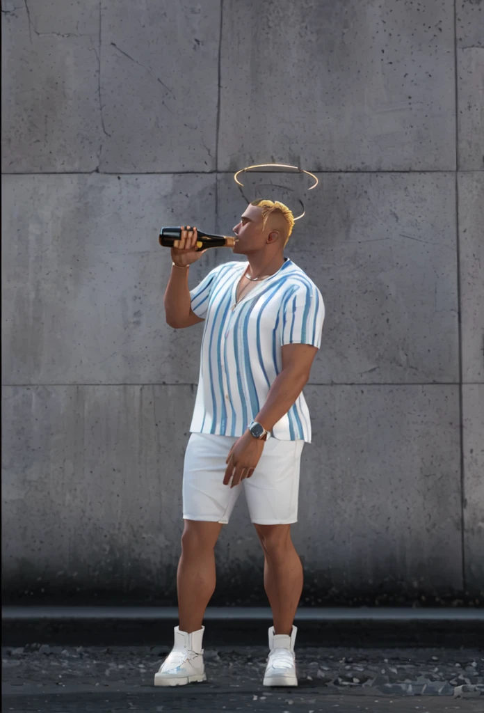 there is a man with a bottle of wine standing in front of a wall, full body potrait holding bottle, drinking champagne, drunkard, male with halo, modeled in poser, npc with a saint's halo, npc with a saint\'s halo, 3 d character, 3d character, inspired by Master of the Bambino Vispo, in the background there is the famous pub from gta 5 the Yellow Jack in Sandy Shores, poster style 