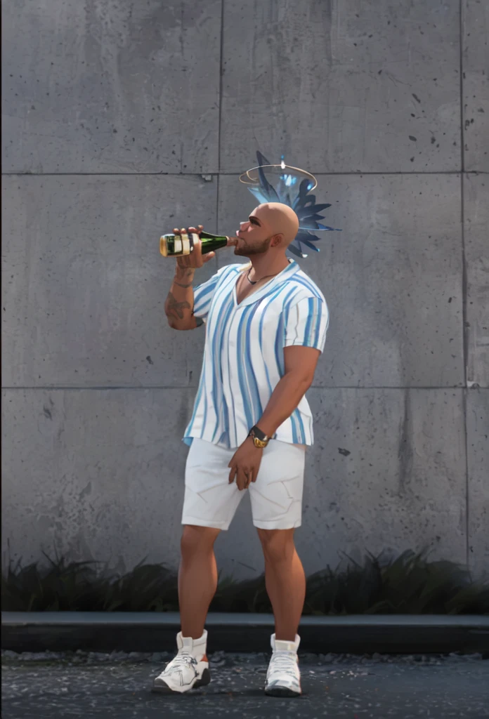 there is a man with a bottle of wine standing in front of a wall, full body potrait holding bottle, drinking champagne, drunkard, male with halo, modeled in poser, npc with a saint's halo, npc with a saint\'s halo, 3 d character, 3d character, inspired by Master of the Bambino Vispo, in the background there is the famous pub from gta 5 the Yellow Jack in Sandy Shores, poster style 