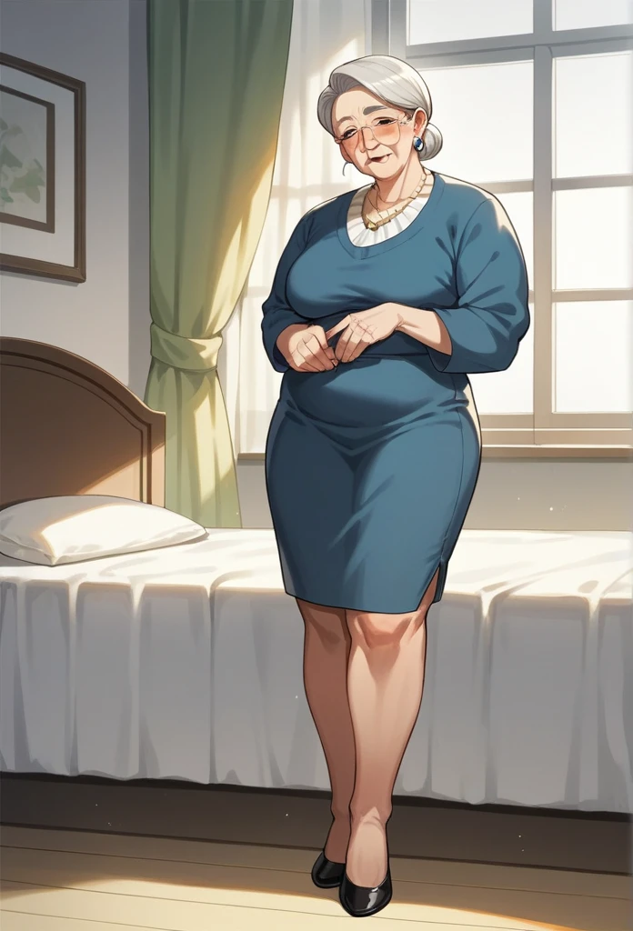 score_9,score_8_up,score_7_up, anime style, clear line, 1mature woman, solo, gilf, old skinny, full body and foot, old skin, 58 years old woman, in bedroom, ((without shoes )) in bedroom uniform