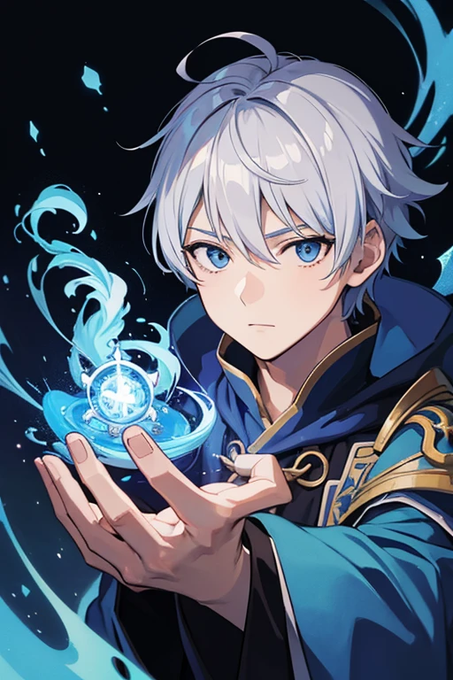 masterpiece, Highest quality, High resolution,Anime Style、Anatomically correct、Silver Hair、Short Hair、male、Wizard、Robe、magic、Blue Flame、With an ancient castle in the background、Upper body only