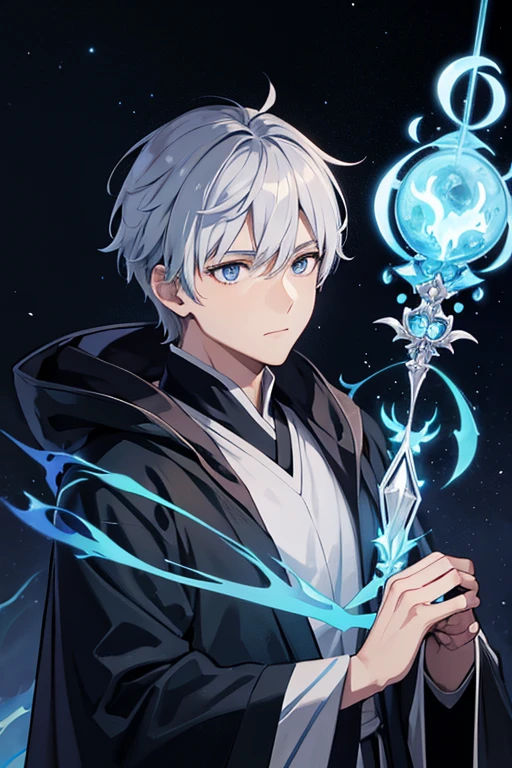 masterpiece, Highest quality, High resolution，Anime Style、Anatomically correct、Silver Hair、Short Hair、male、Wizard、Robe、magic、Blue Flame、With an ancient castle in the background、Upper body only