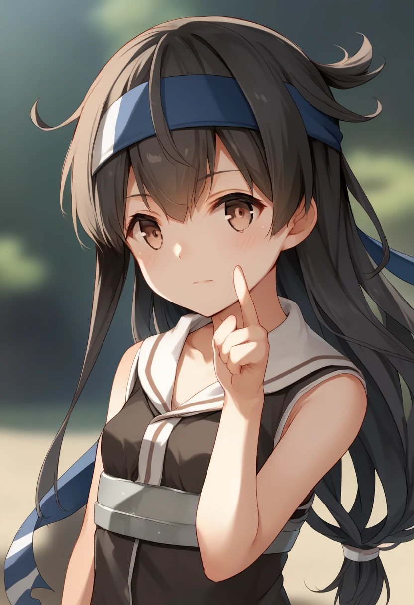 score_9, score_8_up, score_7_up, score_6_up, source_anime,source_anime,cowboy shot,Idealized Forms,Natural Light,details background,blurry background,extremely detailed,(aga),hatsushimo(kancolle),brown eyes,(left(white)right(blue))headband,(black)long hair,(low-tied)hair,(black)hair,small breasts,(petite),"Illustration of a manga scene where the main character gets hit by a body blow from a monstrous enemy. The impact causes the main character's body to bend in a V-shape, showing a painful expression on their face. The background is dynamic, emphasizing the force of the blow.