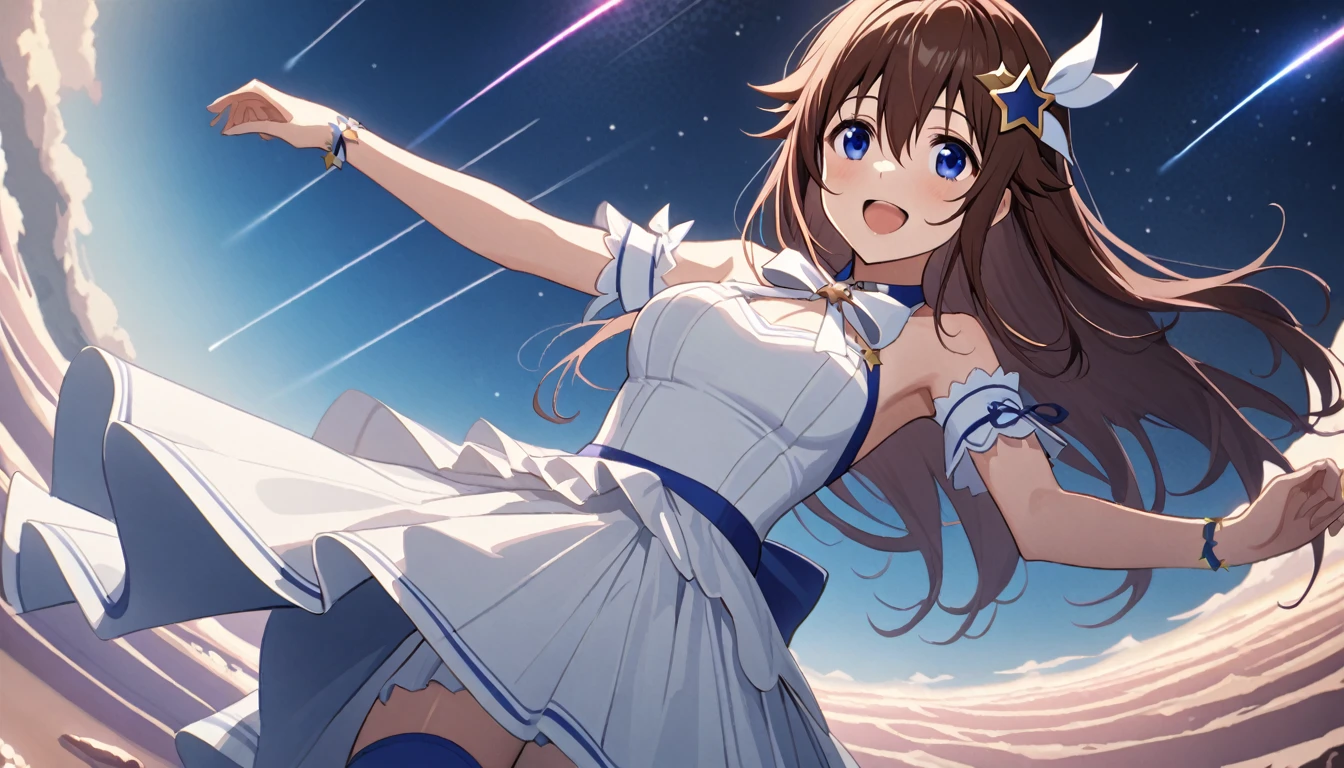 perfect hands,(Uyuni salt lake:1.4),(out door,starry sky,cinematic angle,far away girl ),solo, 1 girl,,(tokino sora:1.4 ),(official alternate costume:1.4),blue eyes, (brown hairr:1.3), long hair,medium breasts, star hair ornament ,(dancing), white ribbon, frills,(white dress), halterneck , (white bowtie:1.2),arm garter, (blue half gloves),high-low skirt, pleated dress, blue thighhighs,(Meteor shower:1.4),
