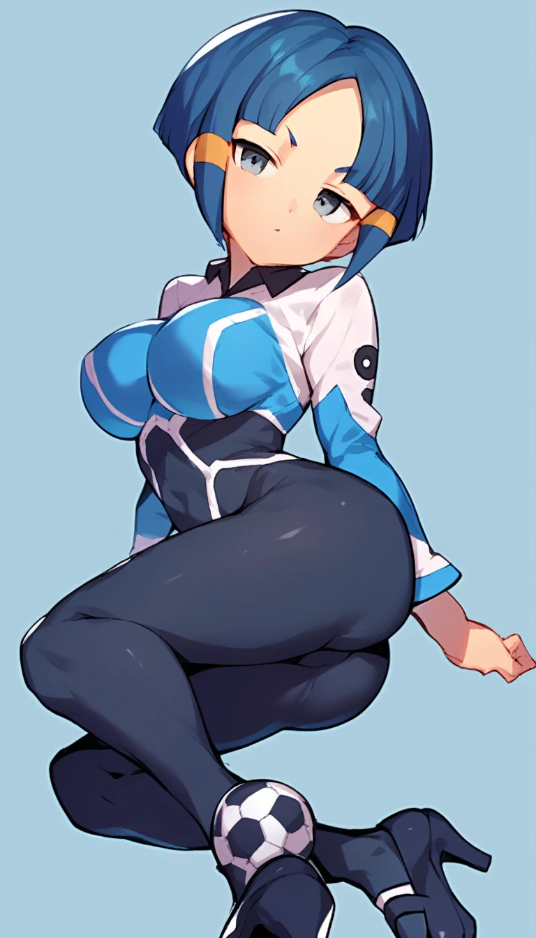 best quality,ultra detailed,solo,score_9, score_8_up, score_7_up, score_6_up, score_5_up, score_4_up, source_anime, 1girl, clara, blue hair, hair tubes, grey eyes, bodysuit,big breasts, sexy pose, (front view,portrait),full body,heavenly ass, heavenly breasts, big ass, no shoes, wearing black heels, upset, cute, face, long legs, tight bodysuit, tight sleeves, black bodysuit, half-closed eyes, backside, purple core, prepareing soccer kick