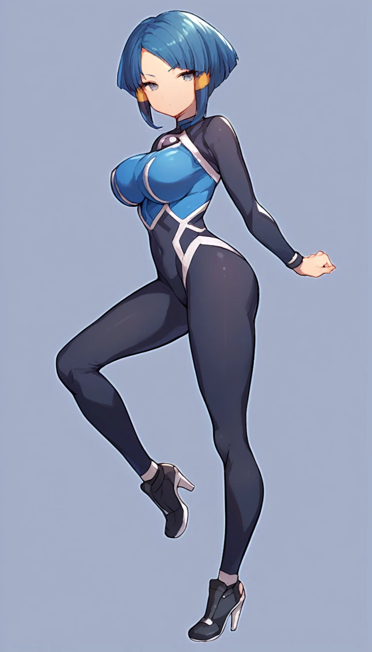 best quality,ultra detailed,solo,score_9, score_8_up, score_7_up, score_6_up, score_5_up, score_4_up, source_anime, 1girl, clara, blue hair, hair tubes, grey eyes, bodysuit,big breasts, sexy pose, (front view,portrait),full body,heavenly ass, heavenly breasts, big ass, no shoes, wearing black heels, upset, cute, face, long legs, tight bodysuit, tight sleeves, black bodysuit, half-closed eyes, backside, purple core, prepareing soccer kick