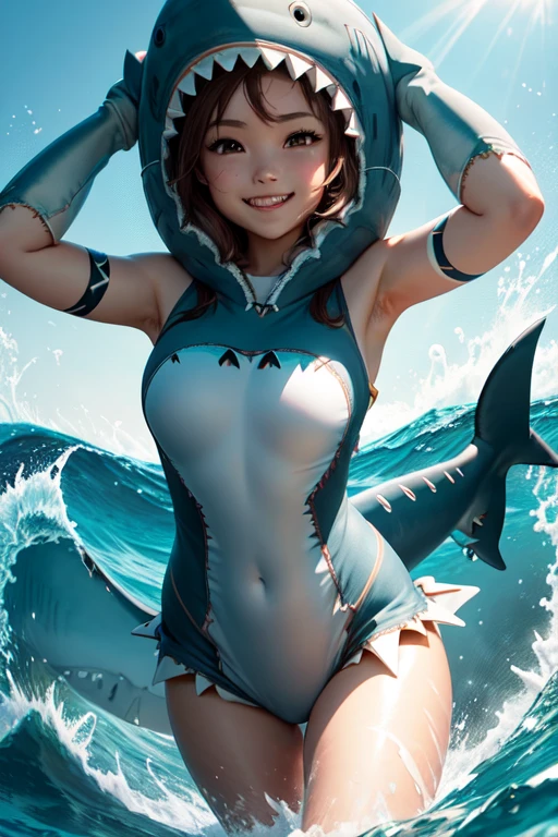 uhd, high quality, high details, 1 Girl, solo, (Shark costume:1.4), Seaside, Sandy Beach, Wave, sun, Jump, smile, Waveしぶき, Light tones, Reflection of light, summer