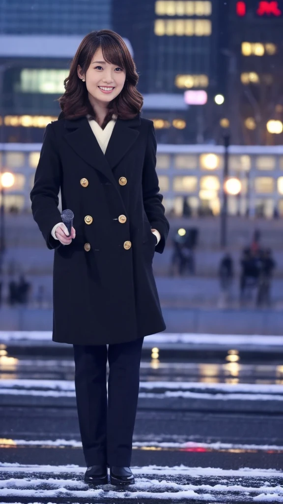 Full-body photo of a cute Japanese weather forecaster wearing a black pantsuit and coat,Serious expression,Medium Hair, pumps,A girl broadcasting live with a microphone in both hands,Broadcasting with a microphone outdoors in Tokyo in winter,Snowstorm,Standing in front of Tokyo Station,wearing pumps and black tights,masterpiece