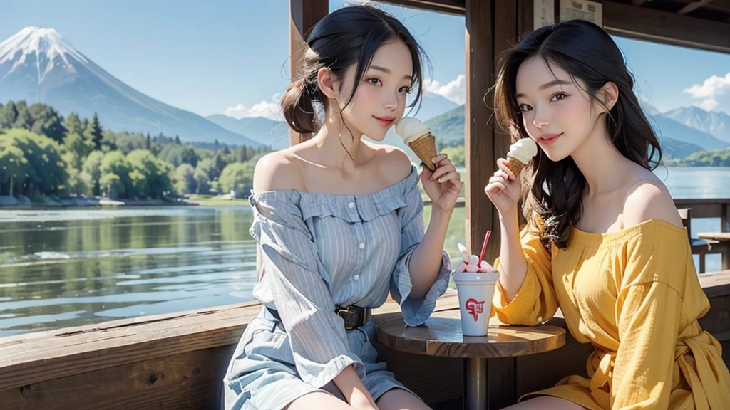 Highest quality、High resolution、Detailed Background、(Beautiful face in every detail:1.4)、Anatomically correct、(Detailed facial expressions)、(Fine grain:1.2)、(Fine grain:1.2)、Teenage Beauty、(Highly detailed face:1.4)、Cute hair colors、ponytail、Bobcut、Cute hairstyle、well-groomed eyebrows、Jokingly、Big smile、Do cute things、Fits on one screen、

(Two beautiful girls eating ice cream to beat the heat at a summer resort:1.5)、

She looks cute eating and licking ice cream with a smile on her face..、
light dress、Flower and fruit pattern、Brightly colored and patterned dresses, stripes, etc.、
Pair it with cool shoes like sandals or espadrilles..、
Off-the-shoulder tops in bright colors and vibrant patterns、Denim shorts for a light look、A shirt dress is an item that gives a clean impression..、
Brightly colored or striped shirt dresses、Tie the belt around your waist to enhance your style。、
Lake Kawaguchi and the Yamanashi Five Lakes：Located at the foot of the mountain. Fuji Mountain, Lake Kawaguchi and the Five Lakes are a summer resort surrounded by beautiful nature.、Walking along the lake and taking a boat ride、. Fuji Mountain.