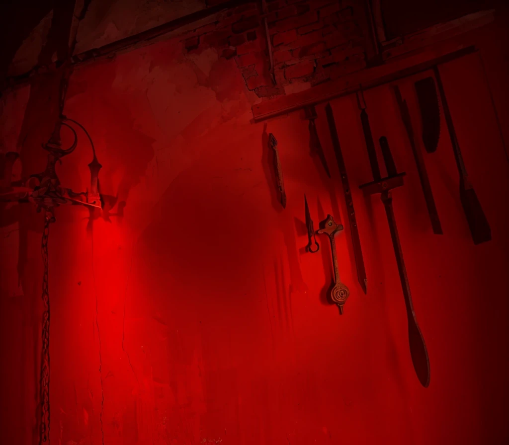 indoors,Old walls,{{red theme}},{dim},dungeon,SM tools hanging on the wall
