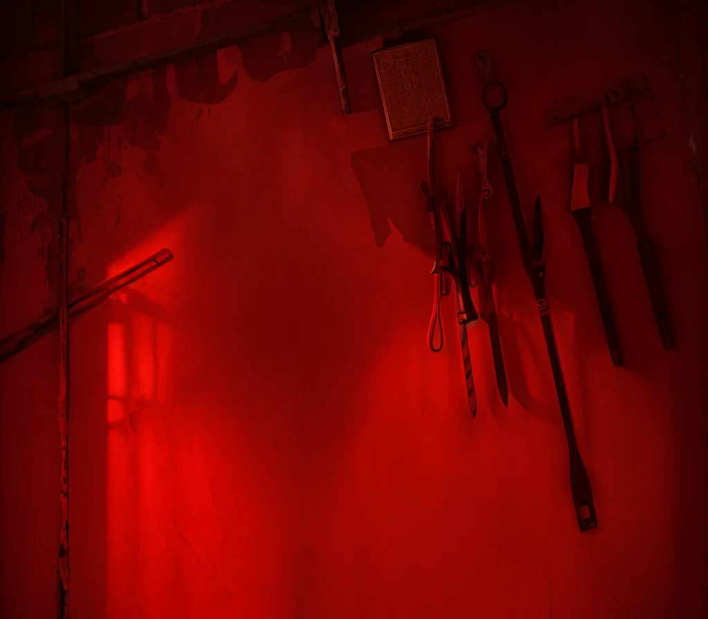 indoors,Old walls,{{red theme}},{dim},dungeon,SM tools hanging on the wall