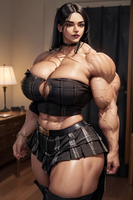 ((((Massive tall, beautiful, buff, light brown skinned muscular woman with black hair, black lipstick, ginormous bulky muscles and wearing a black plaid off shoulder cropped top and beautiful long pleated skirt)))), (close view), (massive muscles), long straight hair, ((chained belt)), gray eyes, choker, ((black plaid cropped top)), belt, ((beautiful long pleated skirt)), thigh high socks, black boots, (at a college dorm room), closed smile, night, massive muscles