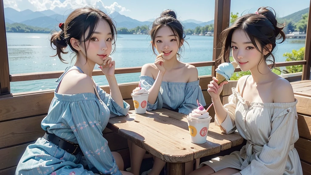 Highest quality、High resolution、Detailed Background、(Beautiful face in every detail:1.4)、Anatomically correct、(Detailed facial expressions)、(Fine grain:1.2)、(Fine grain:1.2)、Teenage Beauty、(Highly detailed face:1.4)、Cute hair colors、ponytail、Bobcut、Cute hairstyle、well-groomed eyebrows、Jokingly、Big smile、Do cute things、Fits on one screen、

(Two beautiful girls eating ice cream to beat the heat at a summer resort:1.5)、

She looks cute eating and licking ice cream with a smile on her face..、
light dress、Flower and fruit pattern、Brightly colored and patterned dresses, stripes, etc.、
Pair it with cool shoes like sandals or espadrilles..、
Off-the-shoulder tops in bright colors and vibrant patterns、Denim shorts for a light look、A shirt dress is an item that gives a clean impression..、
Brightly colored or striped shirt dresses、Tie the belt around your waist to enhance your style。、
Lake Kawaguchi and the Yamanashi Five Lakes：Located at the foot of the mountain. Fuji Mountain, Lake Kawaguchi and the Five Lakes are a summer resort surrounded by beautiful nature.、Walking along the lake and taking a boat ride、. Fuji Mountain.