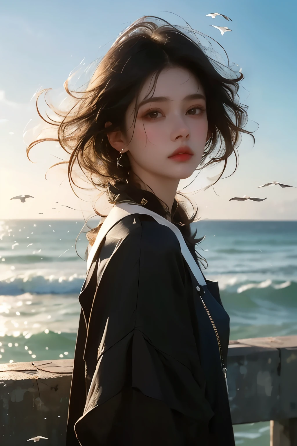 A girl with black curly hair stands on the seashore，Looking into the distance eyes，Sad expression，Surrounded by seabirds，Side-to-side lens