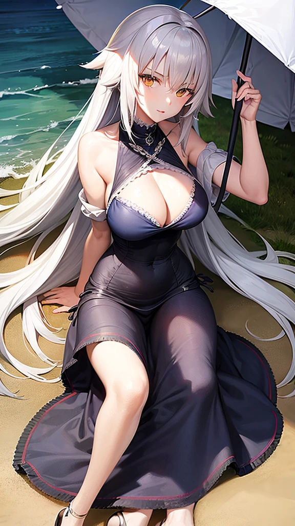 Silver hair, long hair, (Jeanne d'Arc Alter)Big breasts, navy blue bikini, lying under a parasol at the beach in summer