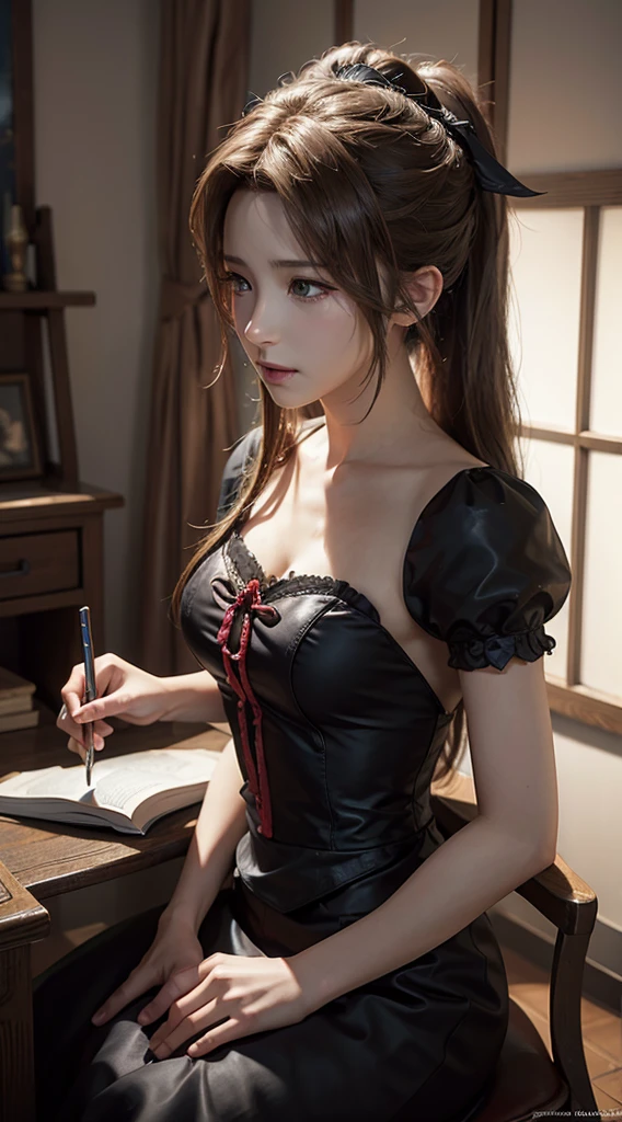 Art Station Trends, CGsociety Trends, Complex, High detail, Sharp focus, dramatic, Aerith Gainsborough from Final Fantasy, Aerith&#39;s original Final Fantasy 7 costume, Age 25, Mature, Photorealistic drawing art by Midjourney and Greg Rutkowski, sketch, masterpiece, Highest quality, Very detailed, 1 Female, half, Beautiful and delicate eyes, Cute face, bust, Large Breasts, 非常にLarge Breasts、Burstingly Big Breasts、Beautiful and delicate face, Gray Hair, (Botanical illustration: 1.5),pregnancy、Bigger belly、Black underwear姿、Black garter belt、Black Thong、Black underwear