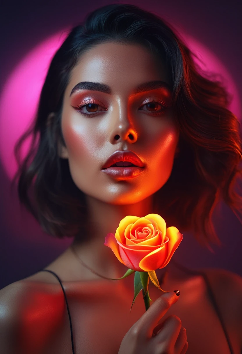 a woman with a neon rose on fire, flawless skin, whimsical photography style, photo captured by an Arriflex 35BL camera using Canon K25 prime lenses, cinematic, dramatic lighting, ultra clear, breathtaking surreal masterpiece. sensual pose
