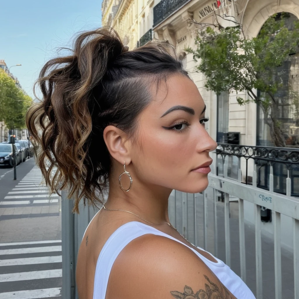 (Texture de la peau, pores, naturel,iPhone,brut)), éclairage clair et ensoleillé, Corps entier Photo d'une femme portant des cheveux coiffés sur le côté et portant un ((serré)) haut élastique à manches longues et bretelles, regardant vers la caméra, Nikon Z9, peau mate réaliste, qui se promène en centre ville parisien.