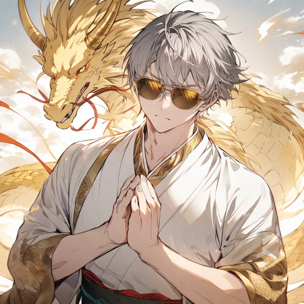 meditation Gray Hair Short Hair male Golden Dragon sunglasses
